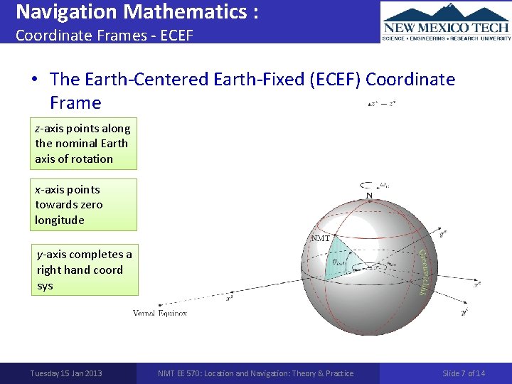 Navigation Mathematics : Coordinate Frames - ECEF • The Earth-Centered Earth-Fixed (ECEF) Coordinate Frame