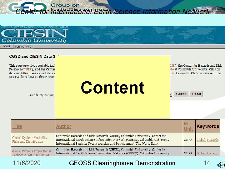 Center for International Earth Science Information Network (CIESIN) Content 11/6/2020 GEOSS Clearinghouse Demonstration 14