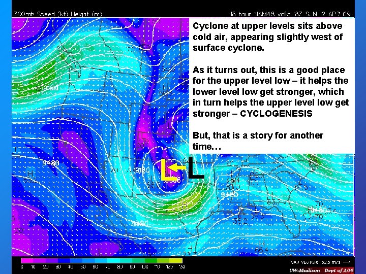 Cyclone at upper levels sits above cold air, appearing slightly west of surface cyclone.