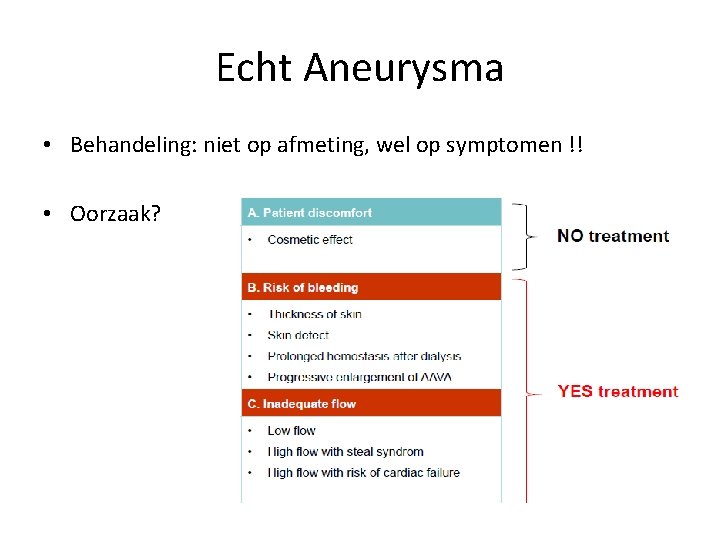 Echt Aneurysma • Behandeling: niet op afmeting, wel op symptomen !! • Oorzaak? 