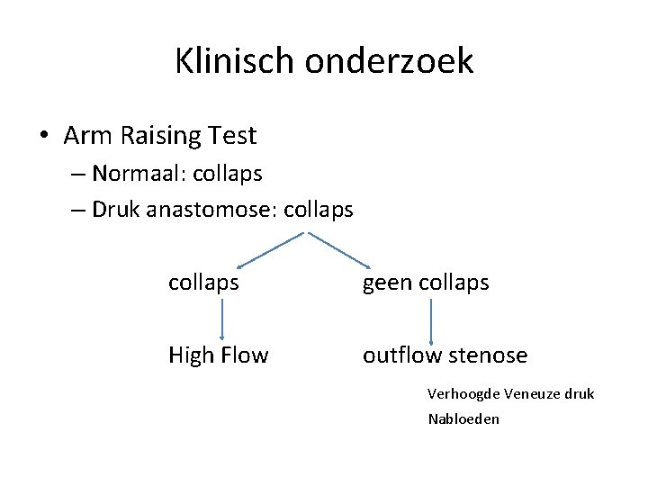 Klinisch onderzoek • Arm Raising Test – Normaal: collaps – Druk anastomose: collaps geen