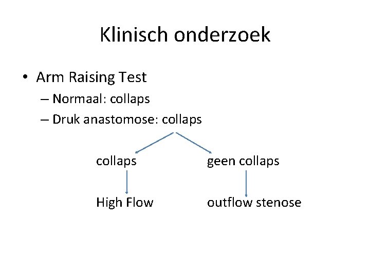 Klinisch onderzoek • Arm Raising Test – Normaal: collaps – Druk anastomose: collaps geen