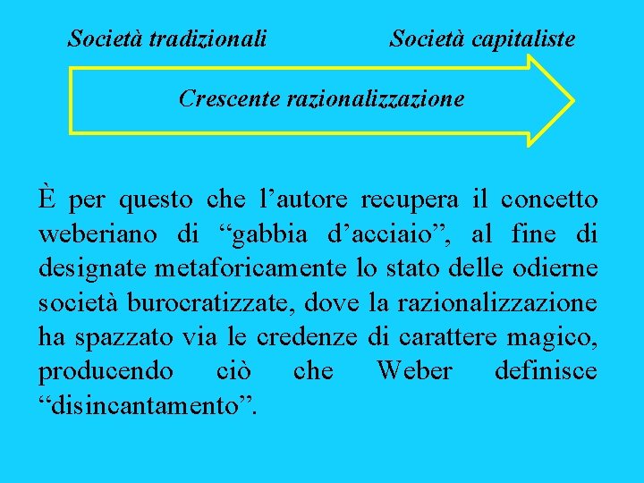 Società tradizionali Società capitaliste Crescente razionalizzazione È per questo che l’autore recupera il concetto