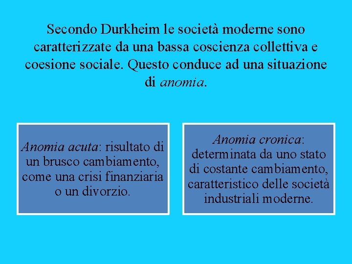 Secondo Durkheim le società moderne sono caratterizzate da una bassa coscienza collettiva e coesione