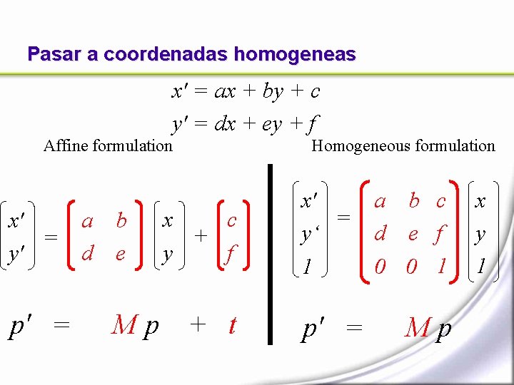 Pasar a coordenadas homogeneas x' = ax + by + c y' = dx
