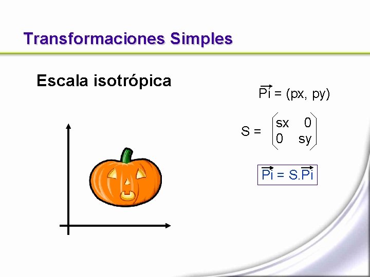 Transformaciones Simples Escala isotrópica Pi = (px, py) S= sx 0 0 sy Pi