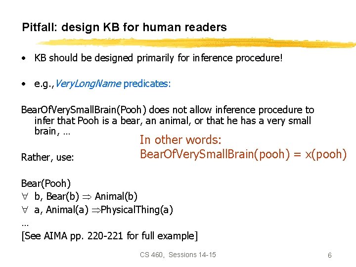 Pitfall: design KB for human readers • KB should be designed primarily for inference