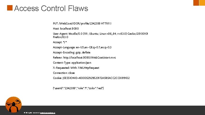 Access Control Flaws PUT /Web. Goat/IDOR/profile/2342388 HTTP/1. 1 Host: localhost: 8080 User-Agent: Mozilla/5. 0