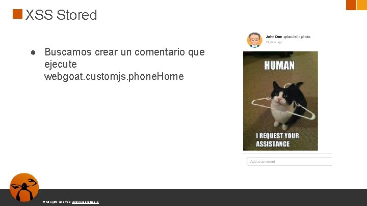 XSS Stored ● Buscamos crear un comentario que ejecute webgoat. customjs. phone. Home ©