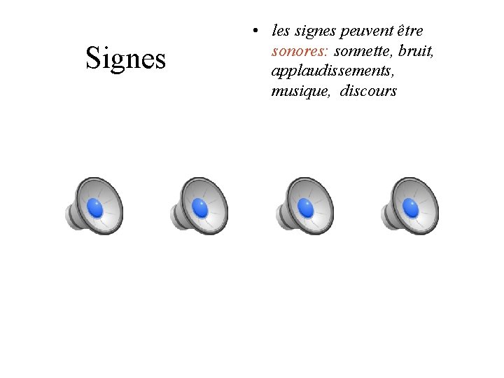Signes • les signes peuvent être sonores: sonnette, bruit, applaudissements, musique, discours Signes • les signes peuvent être sonores: sonnette, bruit, applaudissements, musique, discours