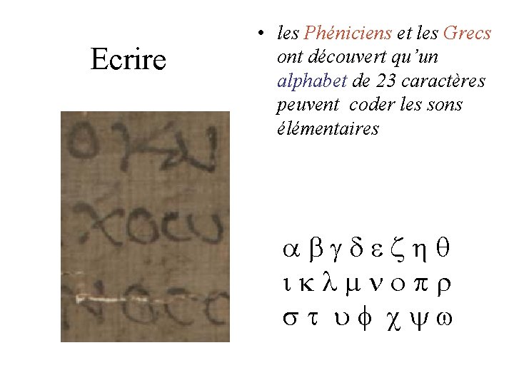 Ecrire • les Phéniciens et les Grecs ont découvert qu’un alphabet de 23 caractères Ecrire • les Phéniciens et les Grecs ont découvert qu’un alphabet de 23 caractères