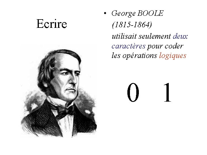 Ecrire • George BOOLE (1815 -1864) utilisait seulement deux caractères pour coder les opérations Ecrire • George BOOLE (1815 -1864) utilisait seulement deux caractères pour coder les opérations