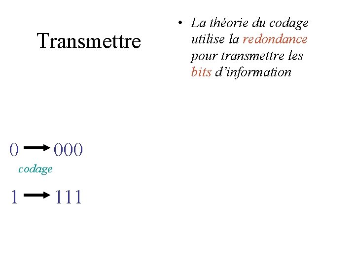 Transmettre 0 000 codage 1 111 • La théorie du codage utilise la redondance Transmettre 0 000 codage 1 111 • La théorie du codage utilise la redondance