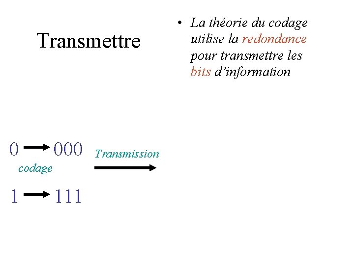 Transmettre 0 000 Transmission codage 1 111 • La théorie du codage utilise la Transmettre 0 000 Transmission codage 1 111 • La théorie du codage utilise la