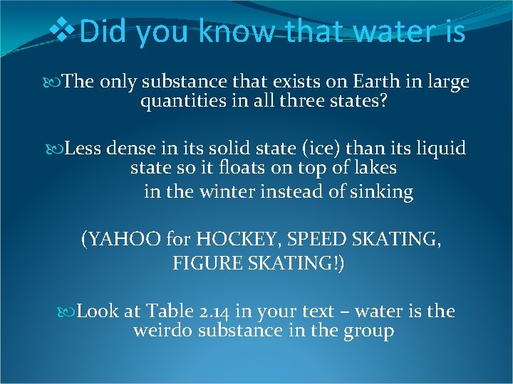 v. Did you know that water is The only substance that exists on Earth
