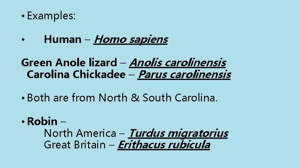  • Examples: • Human – Homo sapiens Green Anole lizard – Anolis carolinensis