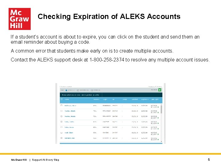 Checking Expiration of ALEKS Accounts If a student’s account is about to expire, you