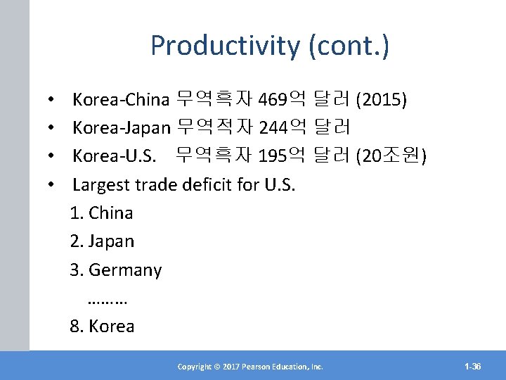 Productivity (cont. ) • • Korea-China 무역흑자 469억 달러 (2015) Korea-Japan 무역적자 244억 달러