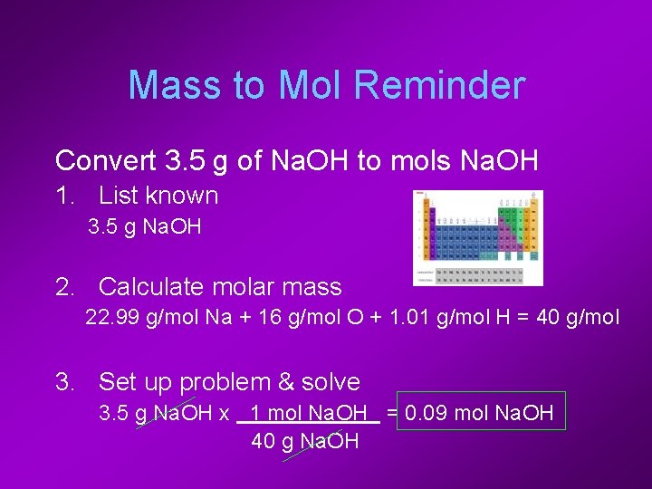 Mass to Mol Reminder Convert 3. 5 g of Na. OH to mols Na.