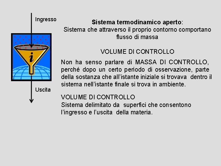 Ingresso Sistema termodinamico aperto: Sistema che attraverso il proprio contorno comportano flusso di massa