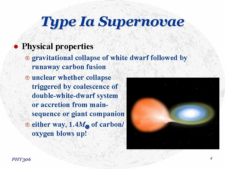 Type Ia Supernovae l Physical properties gravitational collapse of white dwarf followed by runaway Type Ia Supernovae l Physical properties gravitational collapse of white dwarf followed by runaway