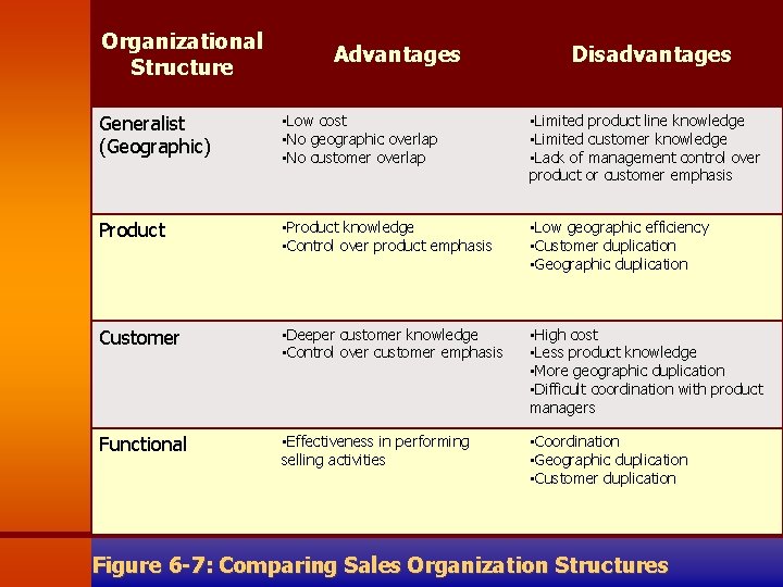 Organizational Structure Advantages Disadvantages Generalist (Geographic) • Low cost • No geographic overlap •