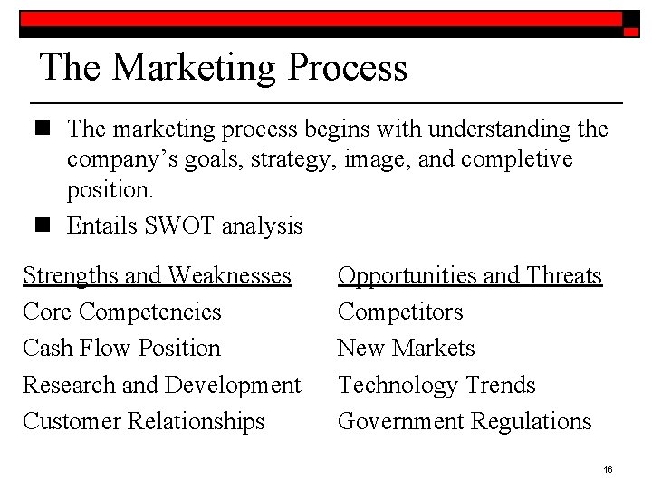 The Marketing Process n The marketing process begins with understanding the company’s goals, strategy,