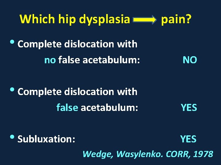 Which hip dysplasia pain? • Complete dislocation with no false acetabulum: NO • Complete