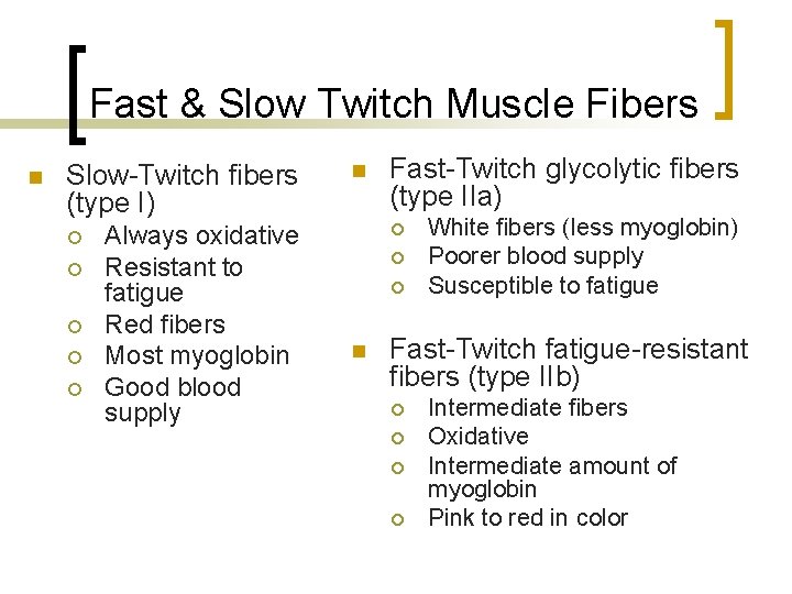 Fast & Slow Twitch Muscle Fibers n Slow-Twitch fibers (type I) ¡ ¡ ¡