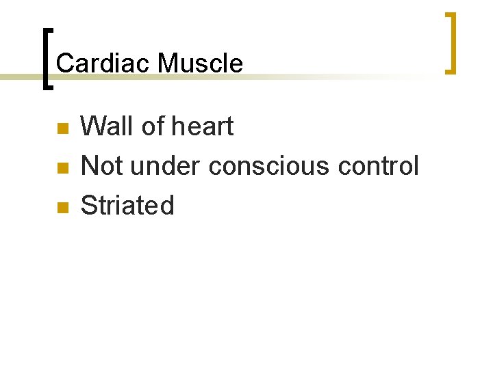 Cardiac Muscle n n n Wall of heart Not under conscious control Striated 