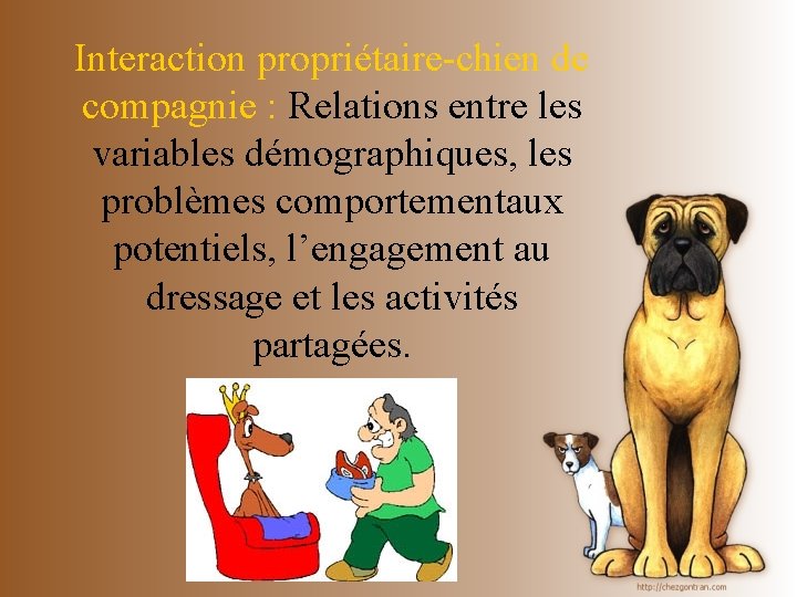 Interaction propriétaire-chien de compagnie : Relations entre les variables démographiques, les problèmes comportementaux potentiels,