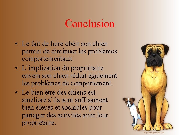 Conclusion • Le fait de faire obéir son chien permet de diminuer les problèmes