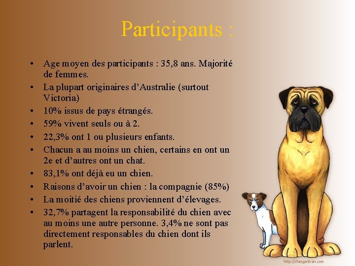 Participants : • Age moyen des participants : 35, 8 ans. Majorité de femmes.