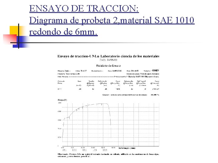 ENSAYO DE TRACCION: Diagrama de probeta 2, material SAE 1010 redondo de 6 mm.