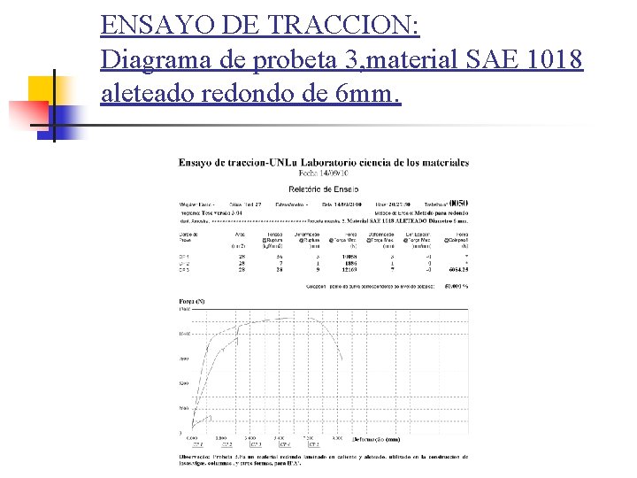 ENSAYO DE TRACCION: Diagrama de probeta 3, material SAE 1018 aleteado redondo de 6