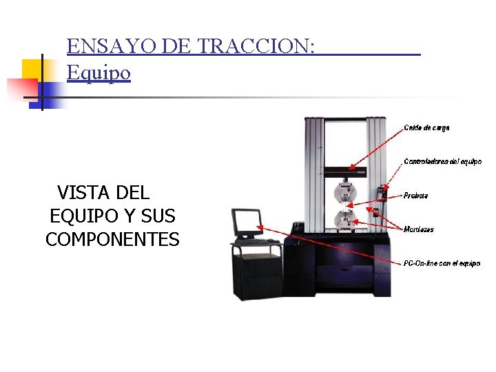 ENSAYO DE TRACCION: Equipo VISTA DEL EQUIPO Y SUS COMPONENTES 