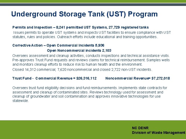Underground Storage Tank (UST) Program Permits and Inspection – 8, 241 permitted UST Systems, Underground Storage Tank (UST) Program Permits and Inspection – 8, 241 permitted UST Systems,