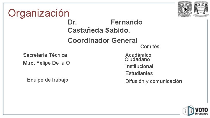 Organización Dr. Fernando Castañeda Sabido. Coordinador General Comités Secretaría Técnica Mtro. Felipe De la