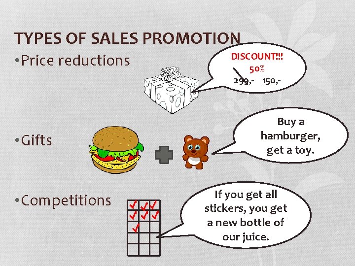 TYPES OF SALES PROMOTION • Price reductions • Gifts • Competitions DISCOUNT!!! 50% 299,