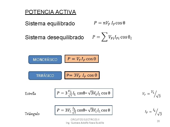 POTENCIA ACTIVA Sistema equilibrado Sistema desequilibrado MONOFÁSICO TRIFÁSICO Estrella Triángulo CIRCUITOS ELECTRICOS II Ing.