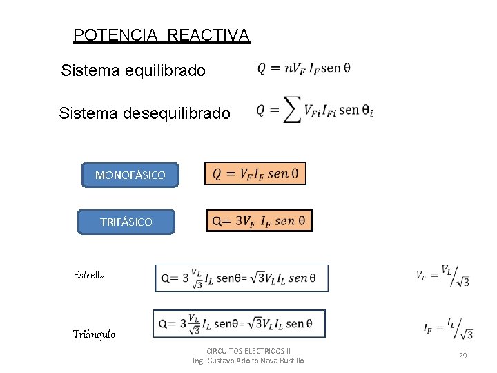 POTENCIA REACTIVA Sistema equilibrado Sistema desequilibrado MONOFÁSICO TRIFÁSICO Estrella Triángulo CIRCUITOS ELECTRICOS II Ing.