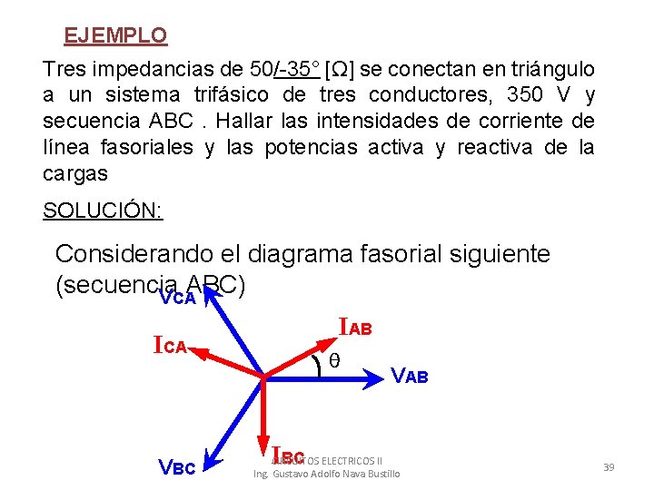 EJEMPLO Tres impedancias de 50/-35° [Ω] se conectan en triángulo a un sistema trifásico