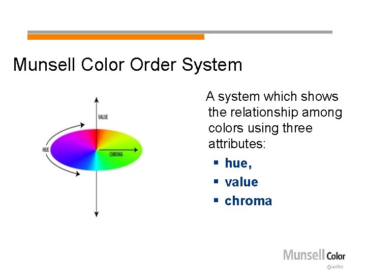 Munsell Color Order System A system which shows the relationship among colors using three