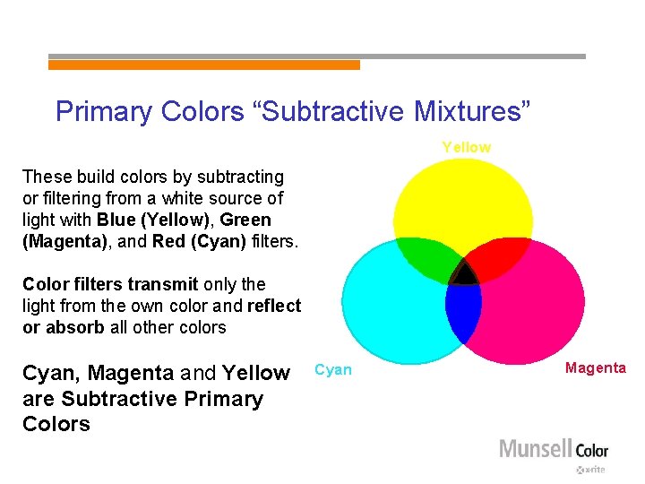 Primary Colors “Subtractive Mixtures” Yellow These build colors by subtracting or filtering from a