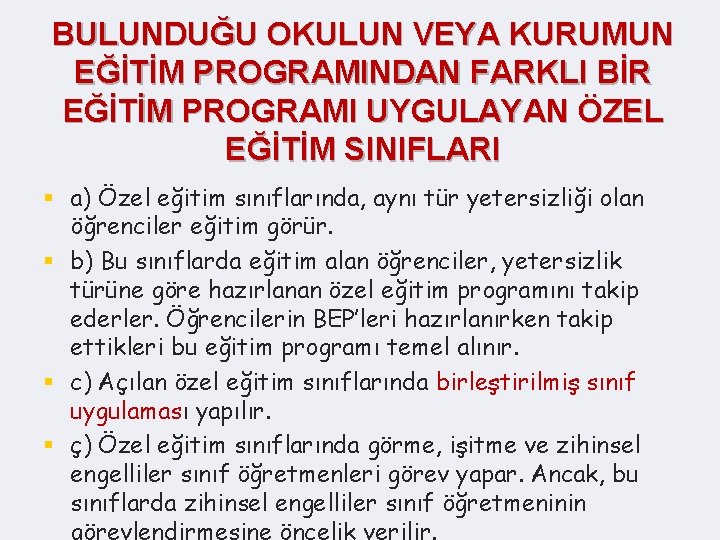 BULUNDUĞU OKULUN VEYA KURUMUN EĞİTİM PROGRAMINDAN FARKLI BİR EĞİTİM PROGRAMI UYGULAYAN ÖZEL EĞİTİM SINIFLARI