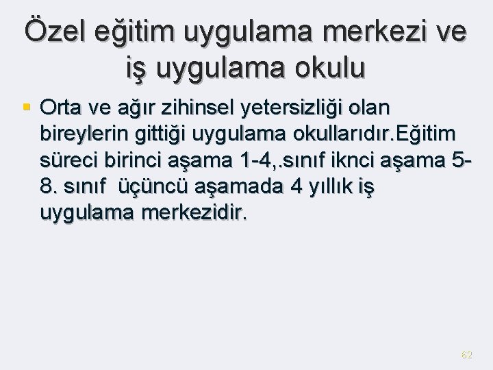 Özel eğitim uygulama merkezi ve iş uygulama okulu § Orta ve ağır zihinsel yetersizliği