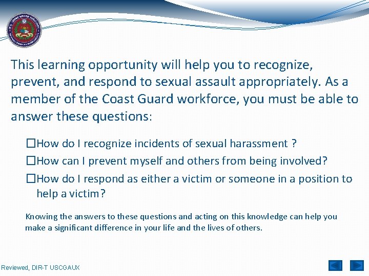 Sexual Harassment Prevention Reviewed Dirt Uscgaux Expectations Recognize