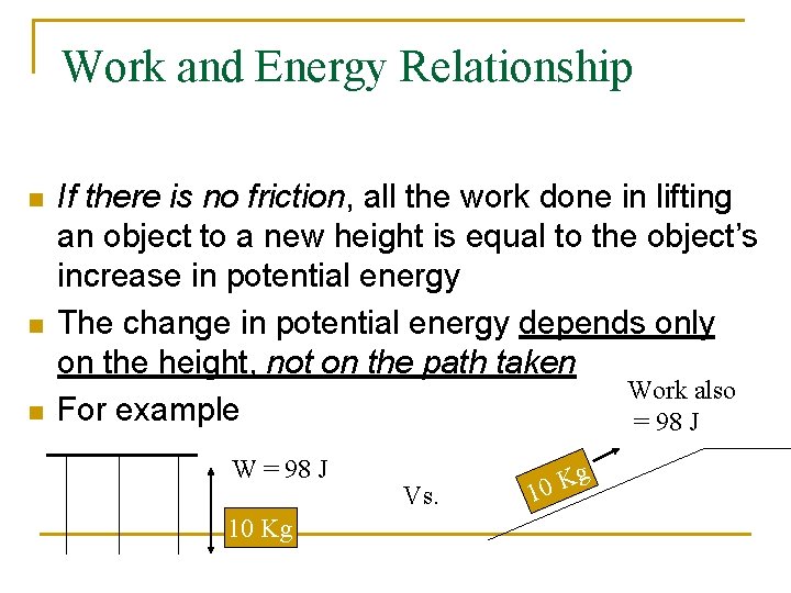 Work and Energy Relationship n n n If there is no friction, all the