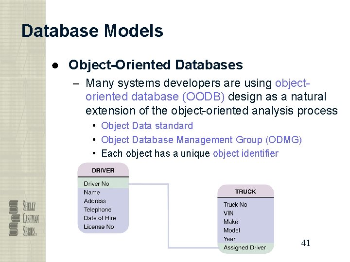 Database Models ● Object-Oriented Databases – Many systems developers are using objectoriented database (OODB)