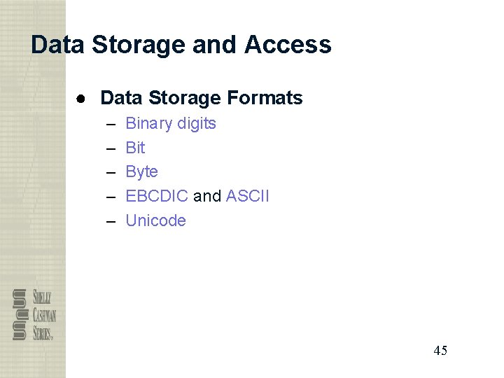Data Storage and Access ● Data Storage Formats – – – Binary digits Bit